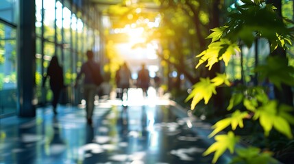 Blurred background of people walking in a modern office building with green trees and sunlight , eco friendly and ecological responsible business concept image