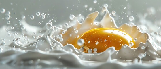 Close-up of a yellow egg yolk splashing into a white liquid.