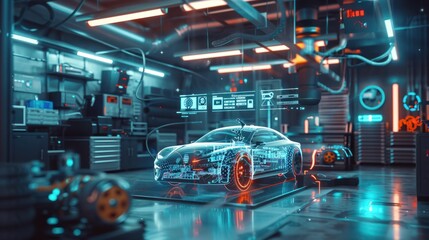 EV electric vehicle technology industry concept, futuristic virtual graphic touch user interface on screen with auto repair garage blurred on.