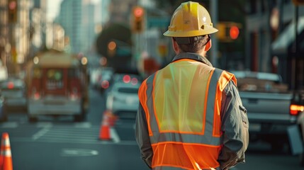 Fototapeta premium A construction worker in a hard hat and safety vest stands on a busy site, reminding everyone of the importance of safety.