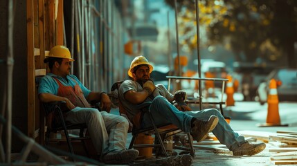 A reflective image of construction workers resting in the shade during a hot day's work, showcasing the importance of breaks and well-being.