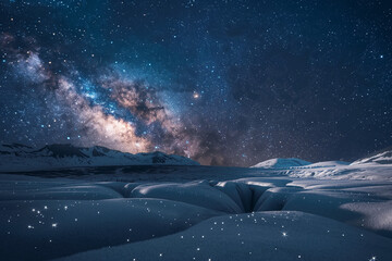Naklejka premium Generative AI illustration of Vatnajökull Glacier covered in snow under a sky filled with countless sparkling stars and the Milky Way, capturing the majestic landscape and celestial beauty