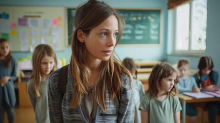 A young, self-assured primary school teacher with her new students in a school classroom.
