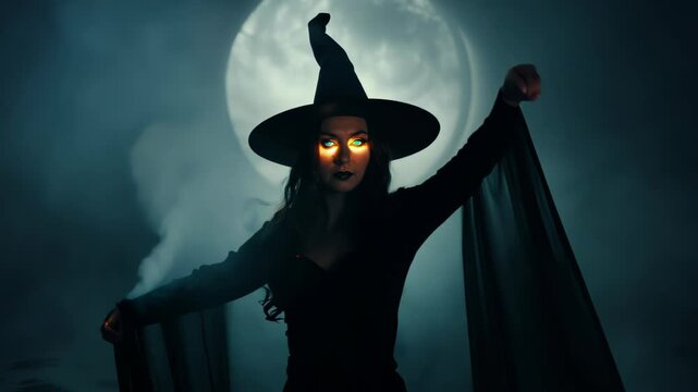 A witch emerging from smoke against the background of the moon. Concept: magic and Halloween