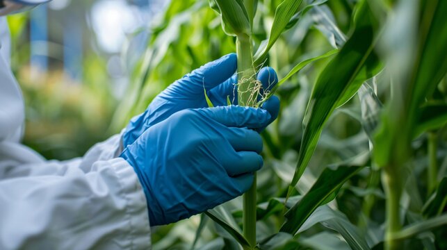 Scientists conducting agricultural research on ears of corn to improve crop yields and resilience
