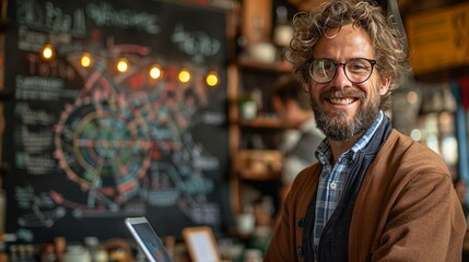 Entrepreneur presenting data on a digital whiteboard while an old chalkboard stands in the background, merging the traditional and modern methods of presenting information realistic photo, high
