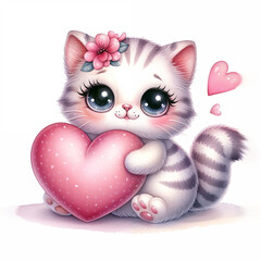 Cute cartoon cat with heart on white background. AI