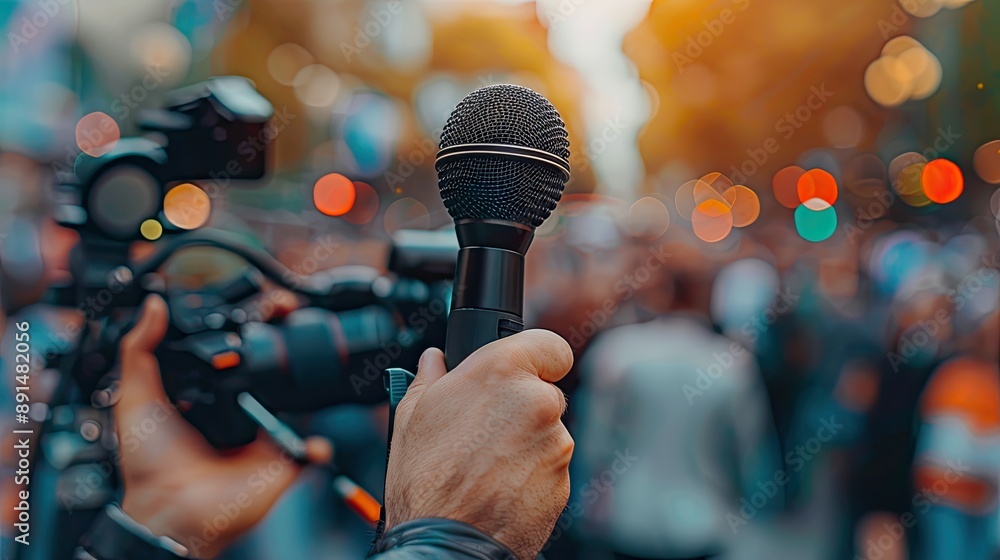 Aufkleber a man is holding a microphone in front of a crowd. the crowd is made up of people of different ages 