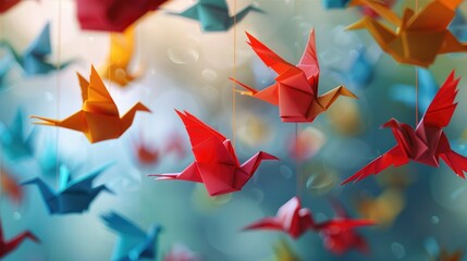 Colorful paper origami birds tied to strings.