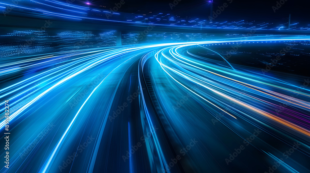 Poster bright blue light trails curve dynamically against a dark background, creating a sense of speed and 