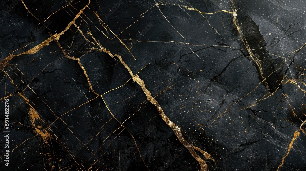 Wall mural Luxurious black marble surface featuring gold edges and a spacious center for visuals or text, ideal for elegant presentation templates.