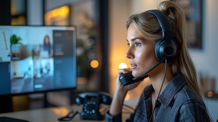 Businesswoman using a sleek wireless headset for a conference call, with a classic corded telephone headset nearby, illustrating the transition to modern communication technologies realistic photo,