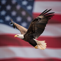 Naklejka premium Ultra-realistic image of an eagle soaring against the backdrop of the American flag, capturing the patriotic spirit and celebration of Independence Day