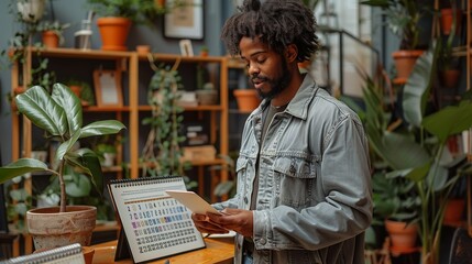 Naklejka premium Entrepreneur using a digital assistant for task management, with a vintage desk calendar nearby, symbolizing the shift from traditional to digital planning realistic photo, high resolution ,