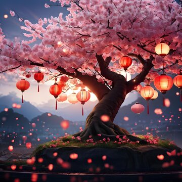 cherry blossom  with Floating paper lanterns 