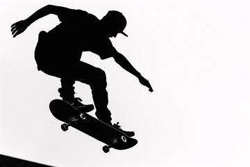 Obraz premium A silhouette of a skateboarder performing a trick mid-air against a white background capturing the essence of skateboarding