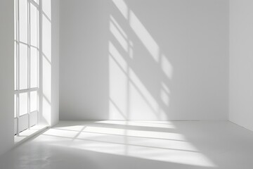 Obraz premium Blank empty white wall and floor studio with natural window light and soft shadows overlay mockup background for design, product display
