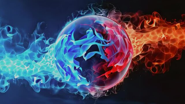 Blue and red smoke collide around a sphere, fire and ice effect.
