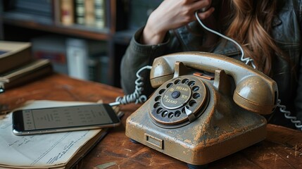 Businesswoman making calls on a smartphone, while a classic rotary phone sits on the desk, highlighting the contrast between modern and vintage communication devices realistic photo, high resolution
