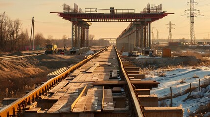 highway construction bridge is under construction. building bridge over a railroad 