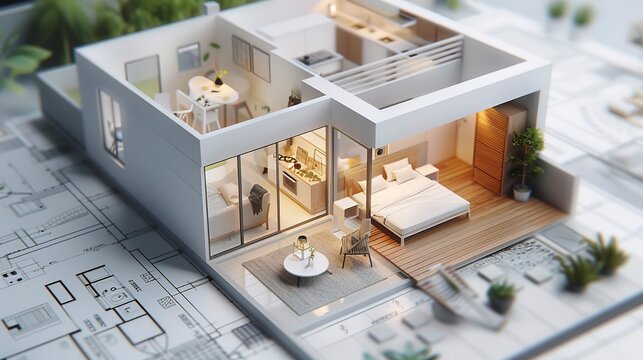 3d small house model on architecture floorplan created 