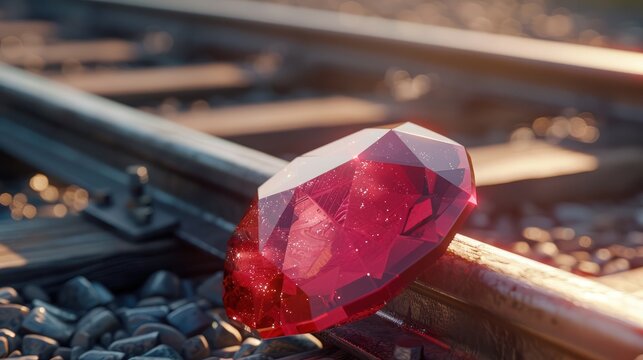 Ruby stone placed on a rail track, symbolizing the Ruby on Rails programming language. This concept image visually represents the powerful and efficient framework used in web development.