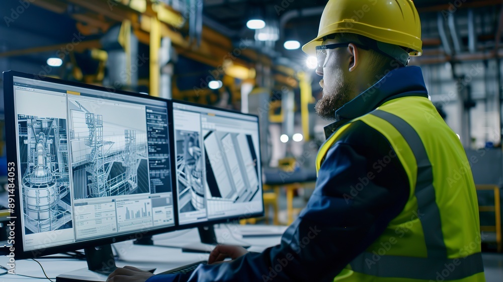 Poster engineer analyzing blueprints on a computer screen in industrial setting
