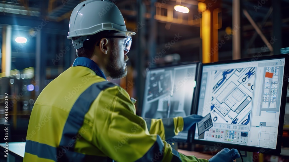 Canvas Prints Engineer analyzing blueprints on a computer screen in industrial setting 