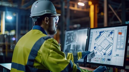 Engineer analyzing blueprints on a computer screen in industrial setting 