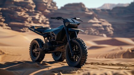 Black Motorcycle in Desert Landscape.