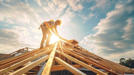Naklejka premium Roof worker or carpenter building a wood structure house construction. 