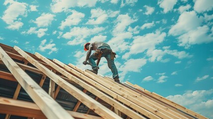 Roof worker or carpenter building a wood structure house construction. 