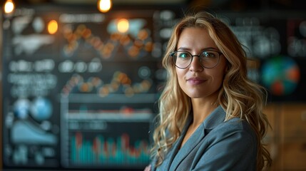 Businesswoman presenting data on a digital whiteboard while an old chalkboard stands in the background, merging traditional and modern methods of presenting information realistic photo, high