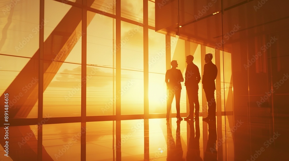 Wall mural Silhouette of business people standing in office building with sunlight 