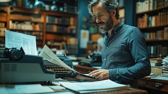 Businessman using a high-tech scanner to digitize documents, with a vintage typewriter nearby, showcasing the progression of office technology realistic photo, high resolution , Minimalism,