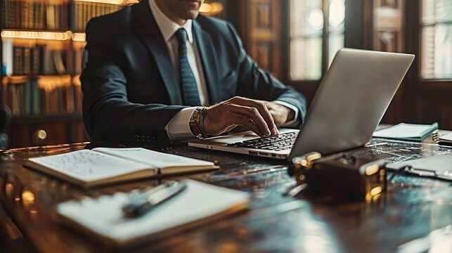 Business professional using a modern laptop at a sleek desk while referring to notes written on a vintage typewriter, showcasing the blend of old and new in the workplace realistic photo, high