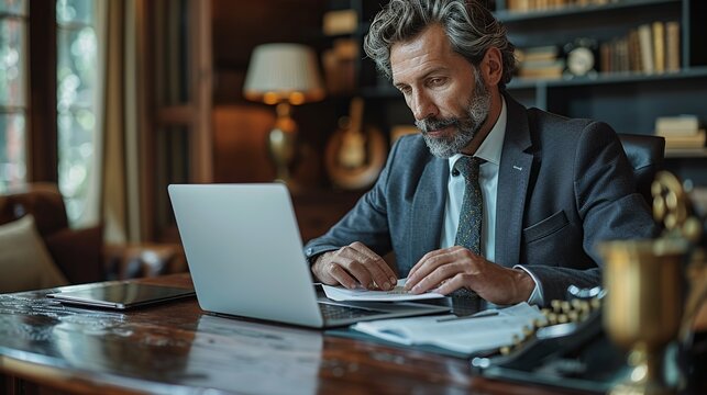 Business professional using a modern laptop at a sleek desk while referring to notes written on a vintage typewriter, showcasing the blend of old and new in the workplace realistic photo, high