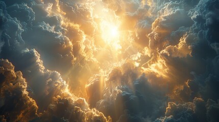 Fototapeta premium Golden Light Pierces Through Dramatic Cloudscape At Sunset. Generative AI