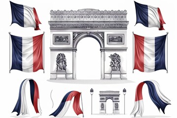 Charming set of illustrations with a French theme, showcasing the tricolor on white backdrop