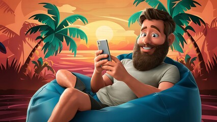 Handsome cartoon beard character man in t-shirt seating on bean bag using smartphone illustration vector background