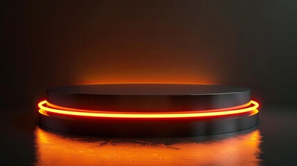 Modern podium with neon orange glow, perfect for showcasing futuristic products, isolated on a black background.