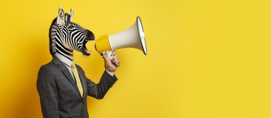 Animal Surreal Zebra Headed Person marketing promotion Announcing Message Through Megaphone
