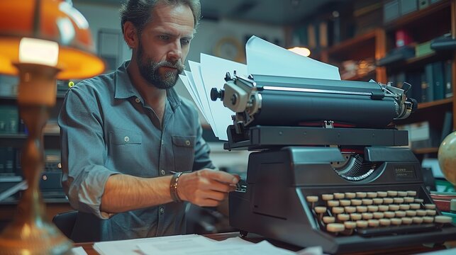 Professional using a high-tech scanner to digitize documents, with a vintage typewriter nearby, showcasing the progression of office technology realistic photo, high resolution , Minimalism,