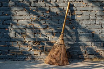A broom is leaning against a brick wall