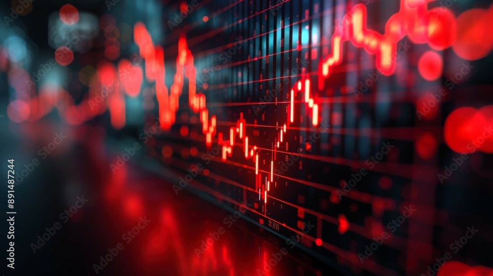 Poster dynamic stock market data visual with fluctuating red lines representing trends and volatility in fi