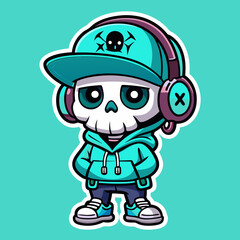Fototapeta premium Cute Chibi Cartoon Skull with Baseball Cap and Headphones Sticker Design 