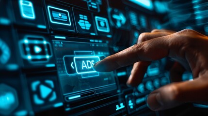 Obraz premium Futuristic Hand Pressing Ads Button on Digital Interface