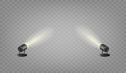 Spotlights set, stage and studio light, realistic hanging lamps. Spot lights and searchlights for concert. Vector