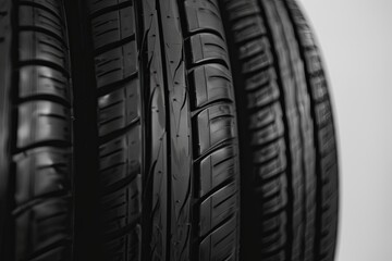 Close-up view of black rubber tires against a plain background
