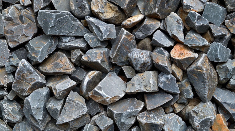 Poster a pile of rocks with a grayish color. the rocks are scattered and piled up in a way that they look l